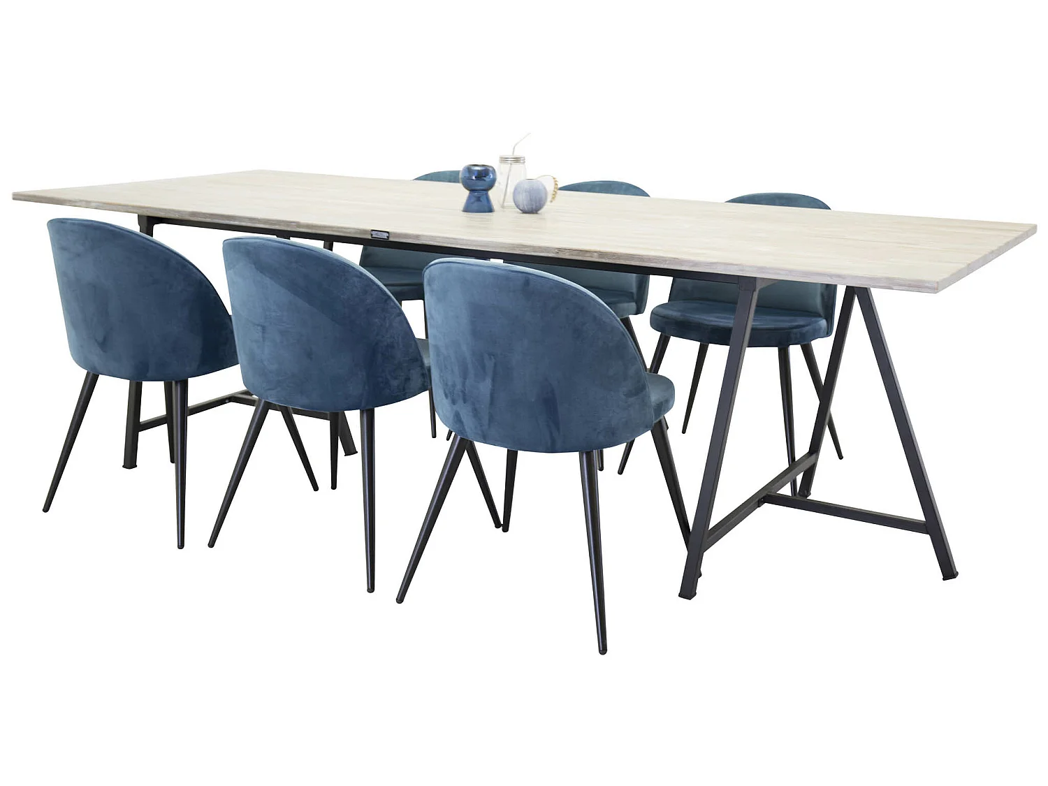 Jepara ensemble table, table teck et 6 Velvet chaises Velours bleu, noir.