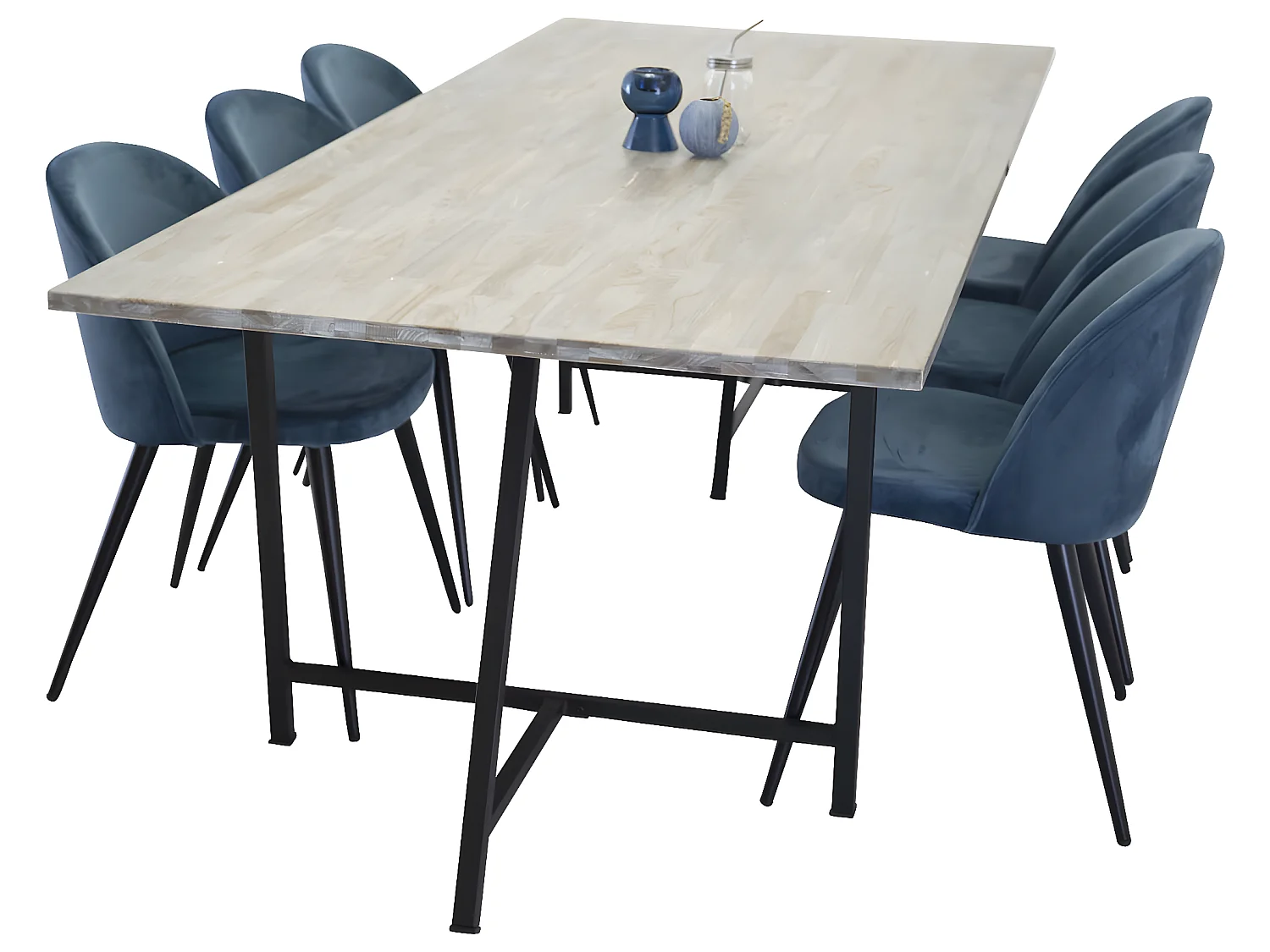 Jepara ensemble table, table teck et 6 Velvet chaises Velours bleu, noir.