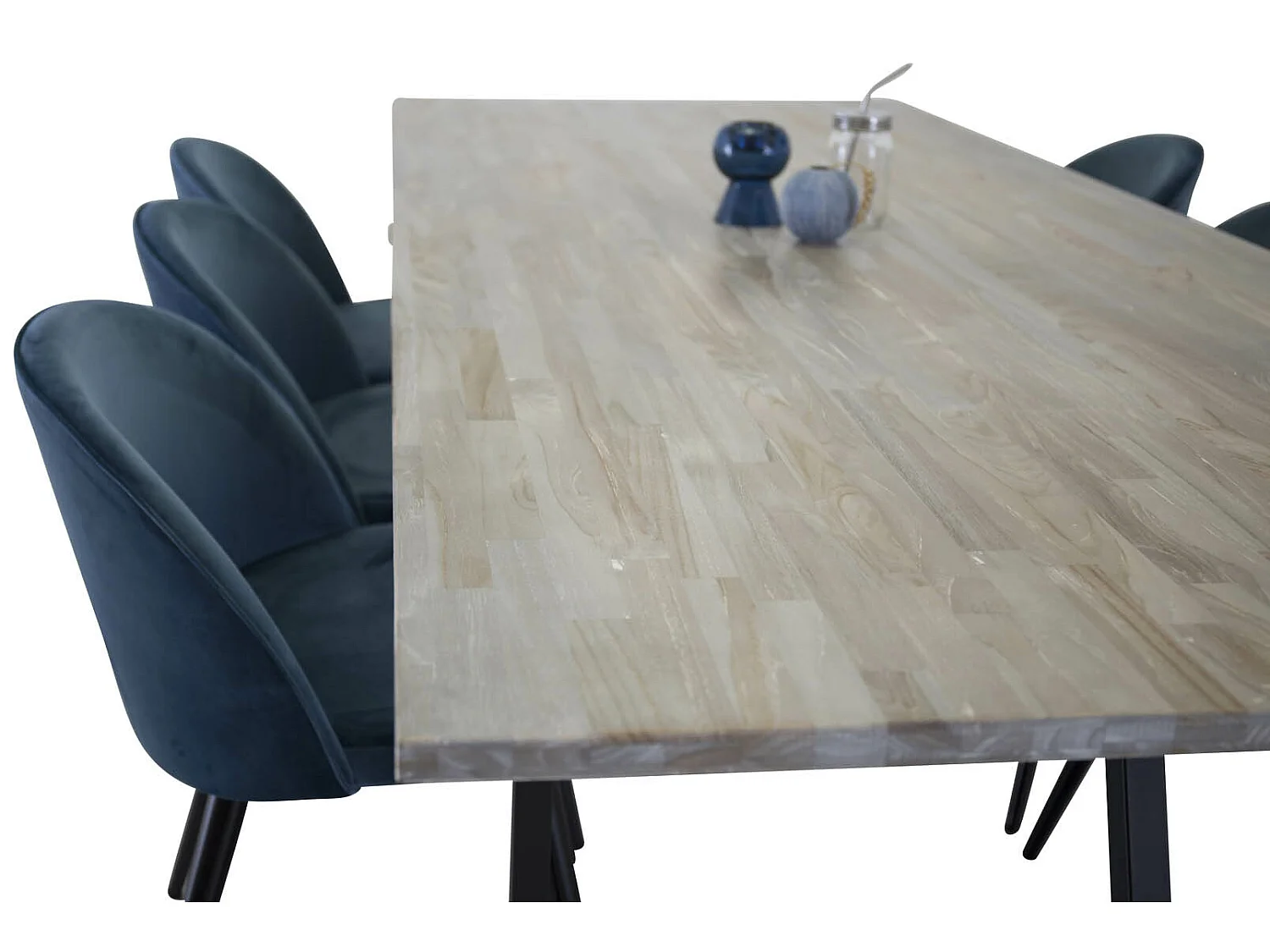 Jepara ensemble table, table teck et 6 Velvet chaises Velours bleu, noir.