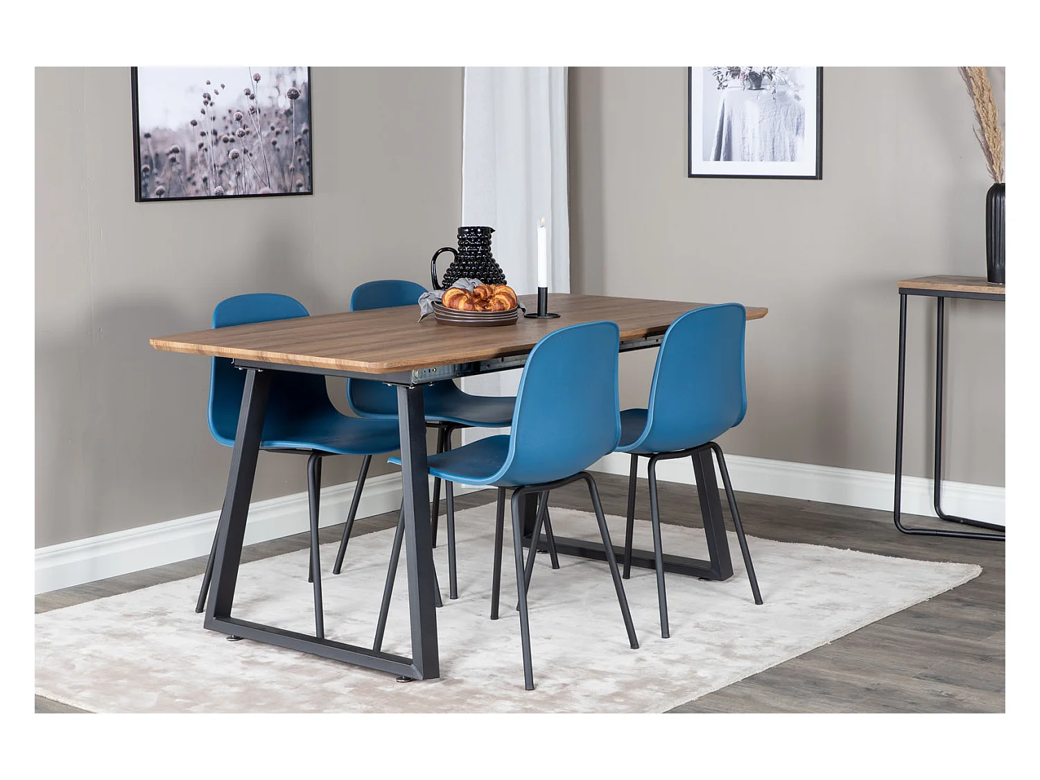 IncaNABL ensemble table, table extensible longueur cm160 / 200 El bois décor et 4 Arctic chaises bleu, noir.
