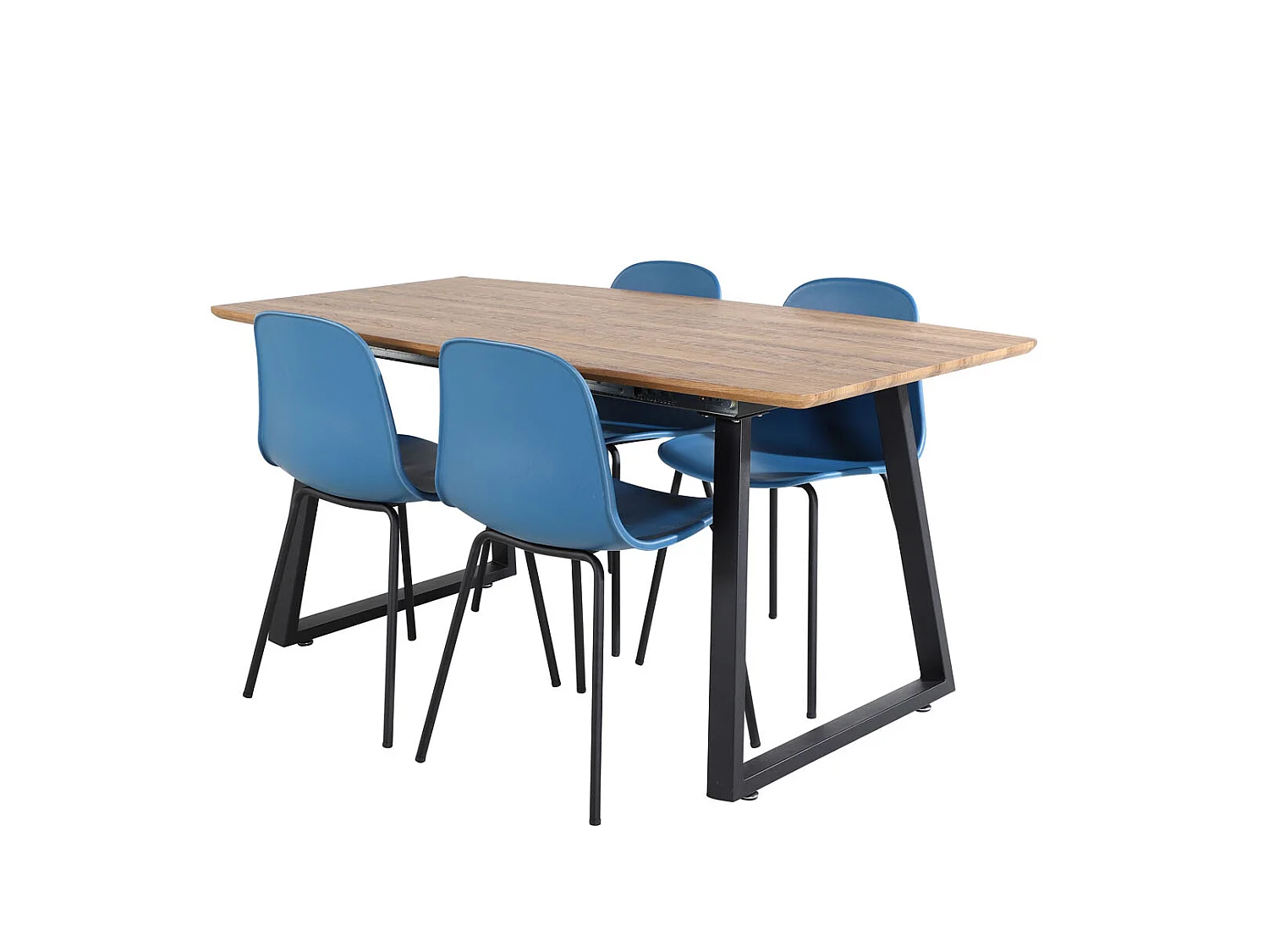 IncaNABL eethoek eetkamertafel uitschuifbare tafel lengte cm 160 / 200 el hout decor en 4 Arctic eetkamerstal blauw, zwart.