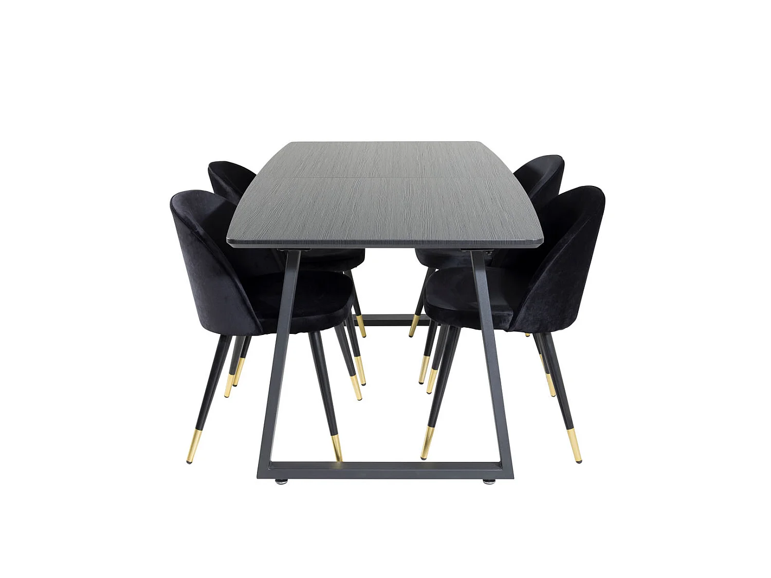 IncaBLBL ensemble table, table extensible longueur cm160 / 200 noir et 4 Velvet chaises Velours noir, laiton décor.
