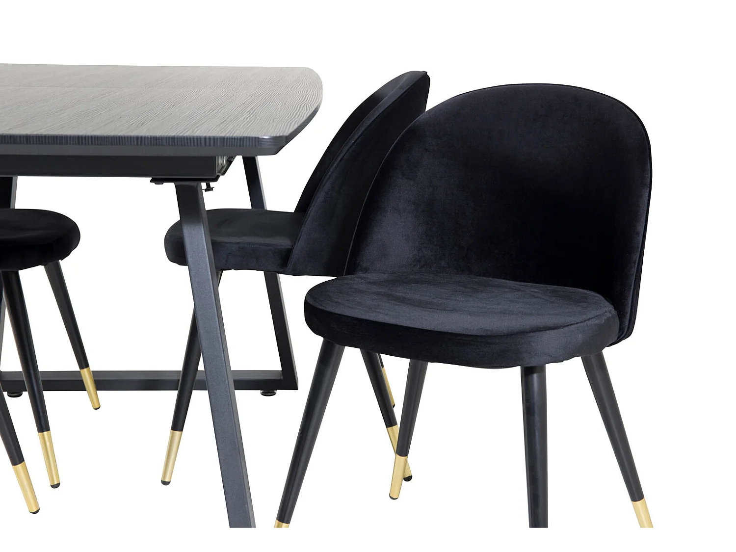 IncaBLBL ensemble table, table extensible longueur cm160 / 200 noir et 4 Velvet chaises Velours noir, laiton décor.