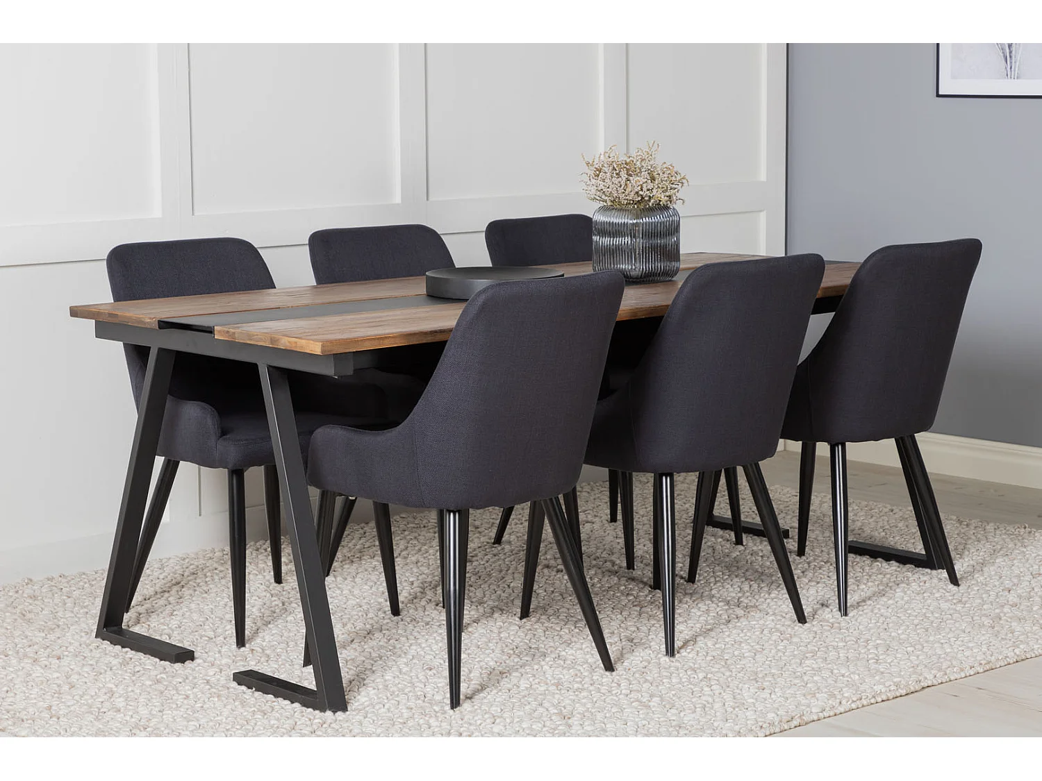 Jakarta ensemble table, table teck et 6 Plaza chaises noir.