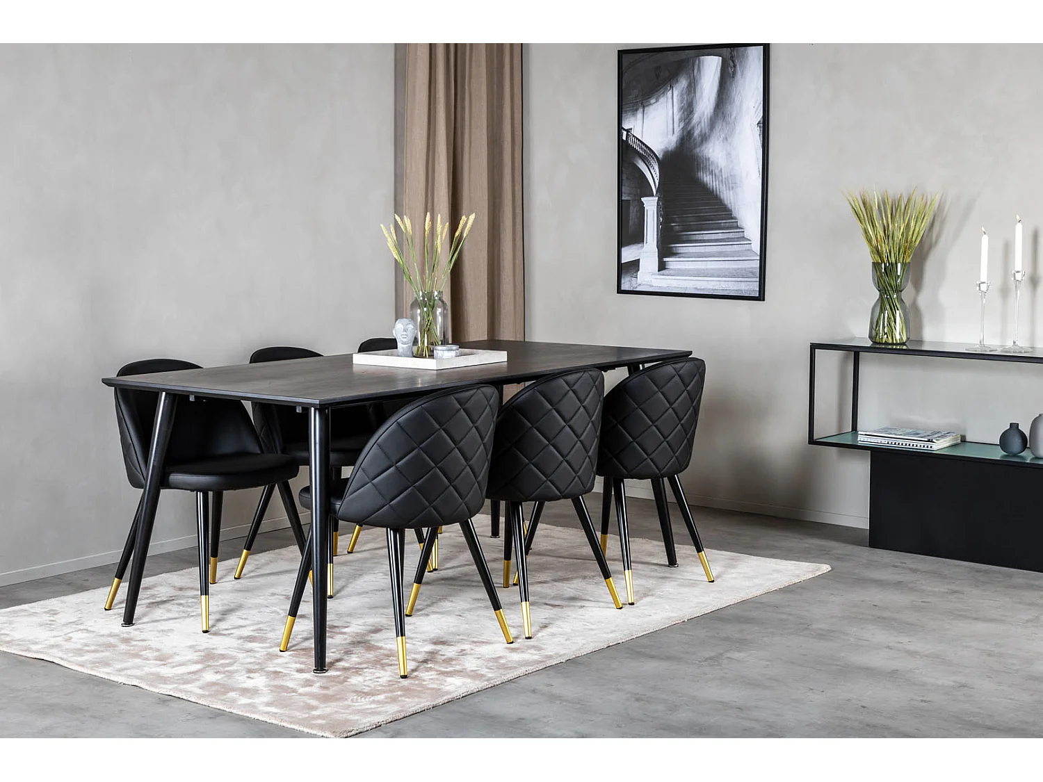 Dipp180x90BLBL eethoek eetkamertafel zwart en 6 Velvet eetkamerstal PU kunstleer zwart.