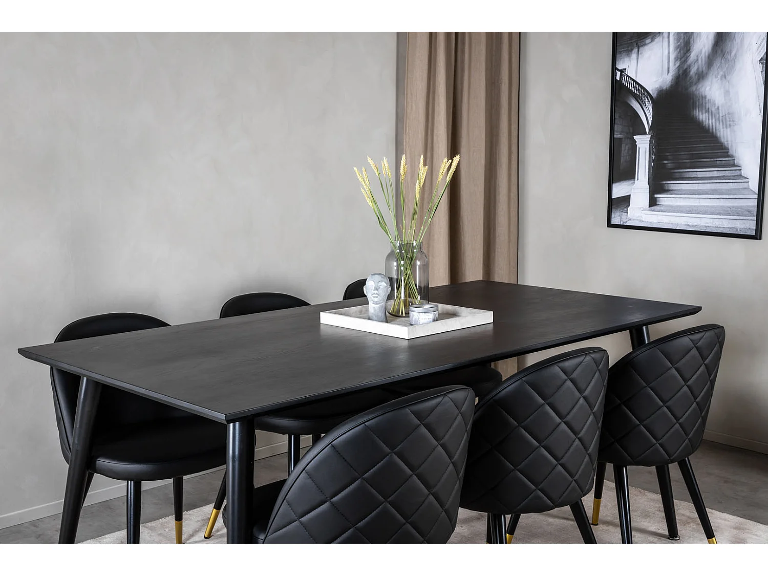 Dipp180x90BLBL eethoek eetkamertafel zwart en 6 Velvet eetkamerstal PU kunstleer zwart.