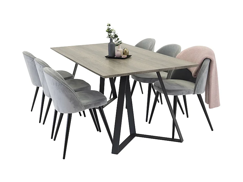 MarinaGRBL Essgruppe Esstisch El Holz dekor grau und 6 Velvet Esszimmerstühle Velour hellgrau.