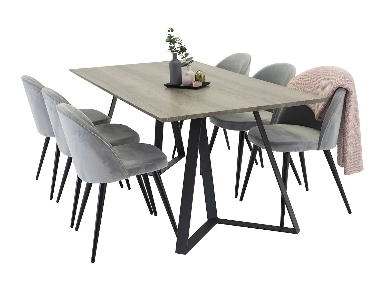 MarinaGRBL ensemble table, table El bois décor gris et 6 Velvet chaises Velours grisclair.