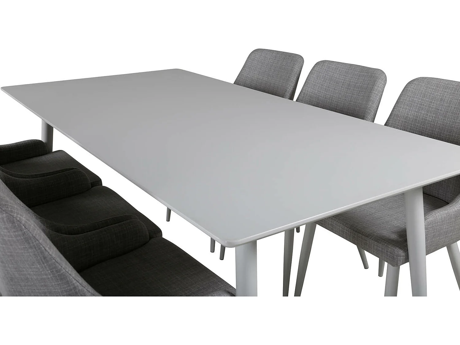 Polar180X90WHWH eethoek eetkamertafel wit en 6 Plaza eetkamerstal grijs, wit.