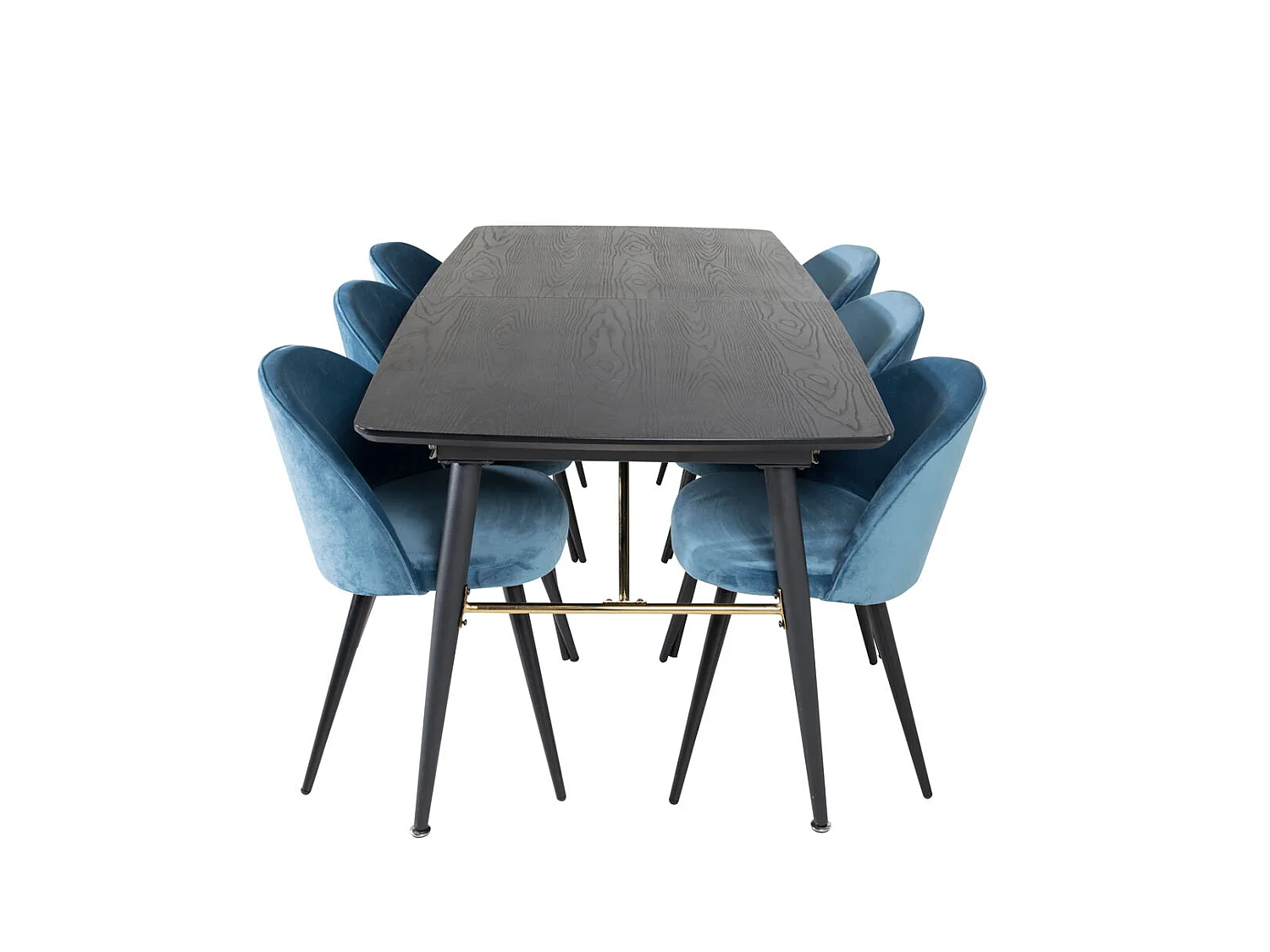 Gold eethoek eetkamertafel uitschuifbare tafel lengte cm 180 / 220 zwart en 6 Velvet eetkamerstal velours blauw, zwart.