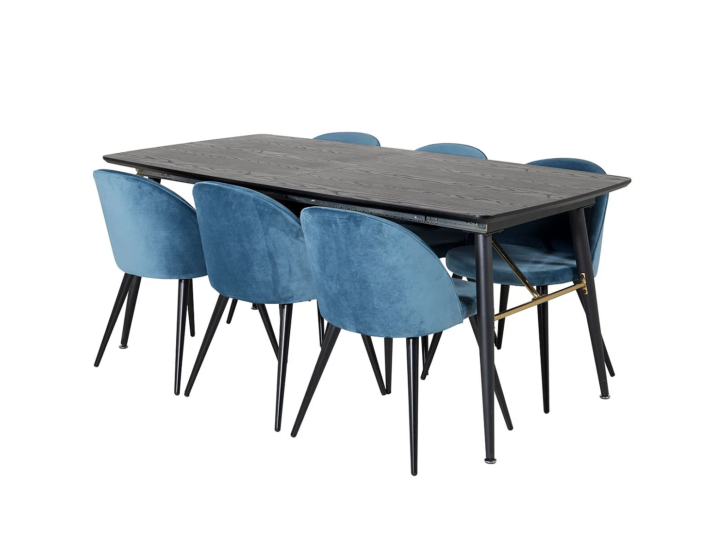 Gold eethoek eetkamertafel uitschuifbare tafel lengte cm 180 / 220 zwart en 6 Velvet eetkamerstal velours blauw, zwart.