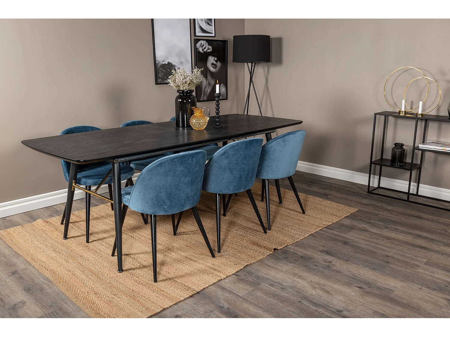 Gold eethoek eetkamertafel uitschuifbare tafel lengte cm 180 / 220 zwart en 6 Velvet eetkamerstal velours blauw, zwart.