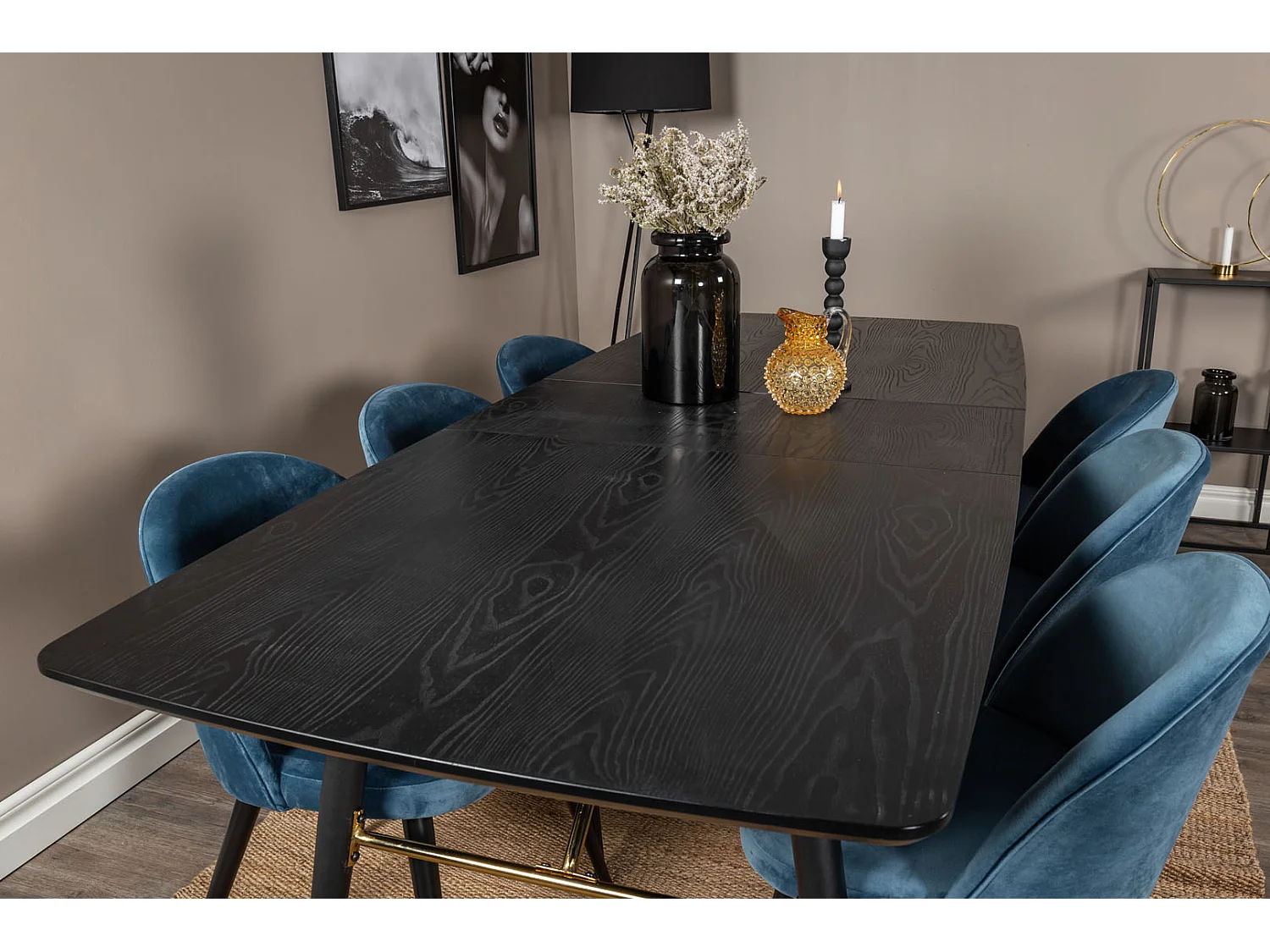 Gold ensemble table, table extensible longueur cm180 / 220 noir et 6 Velvet chaises Velours bleu, noir.