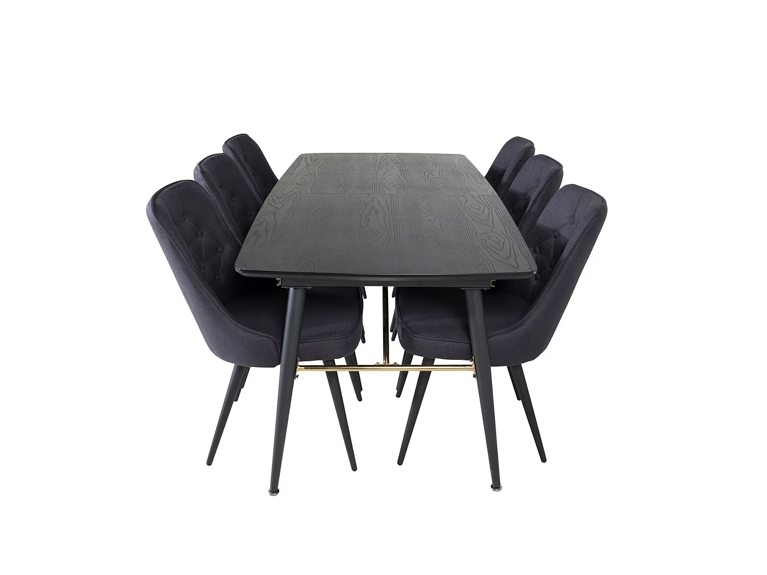 Gold eethoek eetkamertafel uitschuifbare tafel lengte cm 180 / 220 zwart en 6 Velvet Deluxe eetkamerstal zwart.