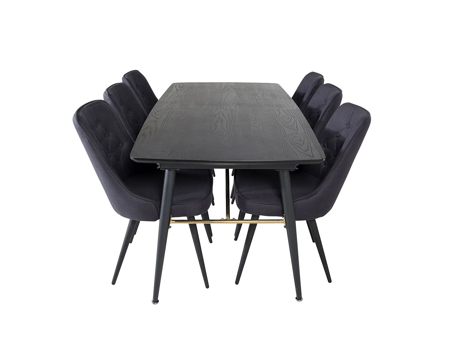 Gold Essgruppe Esstisch Ausziehbarer Tisch Länge cm 180 / 220 schwarz und 6 Velvet Deluxe Esszimmerstühle schwarz.