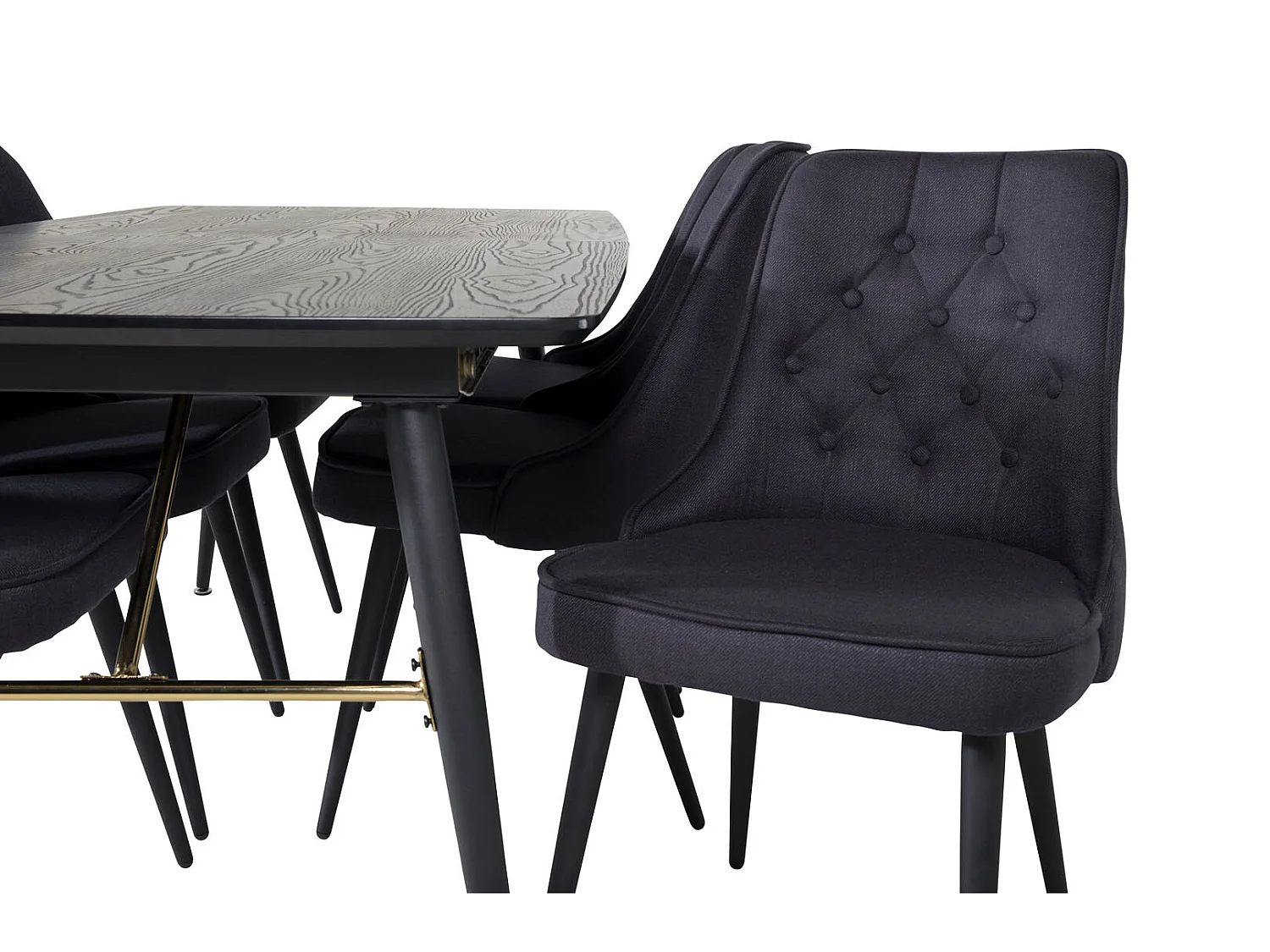 Gold Essgruppe Esstisch Ausziehbarer Tisch Länge cm 180 / 220 schwarz und 6 Velvet Deluxe Esszimmerstühle schwarz.