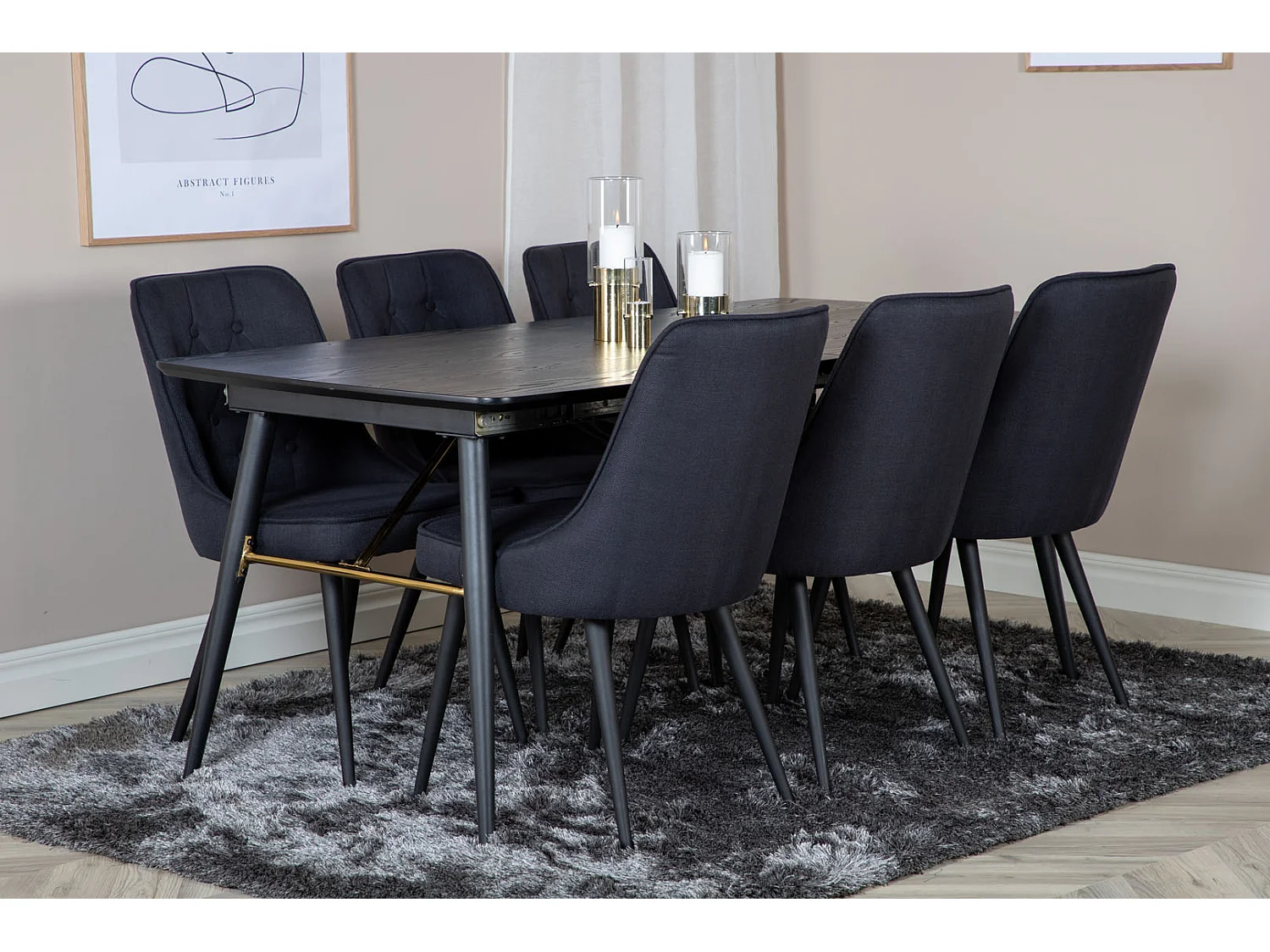 Gold Essgruppe Esstisch Ausziehbarer Tisch Länge cm 180 / 220 schwarz und 6 Velvet Deluxe Esszimmerstühle schwarz.
