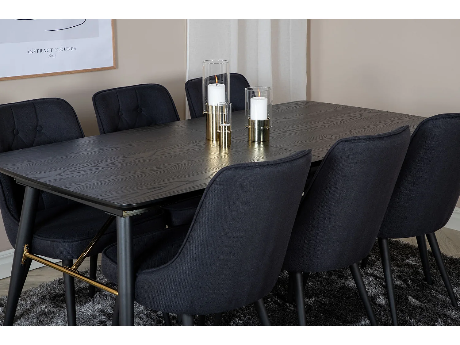 Gold Essgruppe Esstisch Ausziehbarer Tisch Länge cm 180 / 220 schwarz und 6 Velvet Deluxe Esszimmerstühle schwarz.