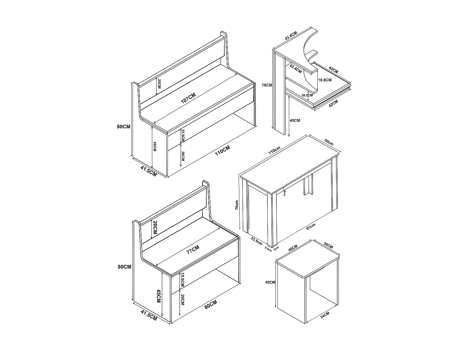 Dining Group Esal White H. 80 x W. 153 x D. 153 cm