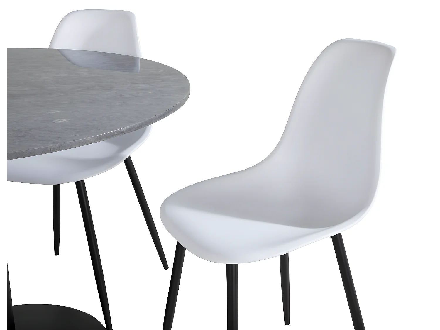 EstelleØ106BLBL ensemble table, table noir, marbre et 4 Polar chaises blanc.