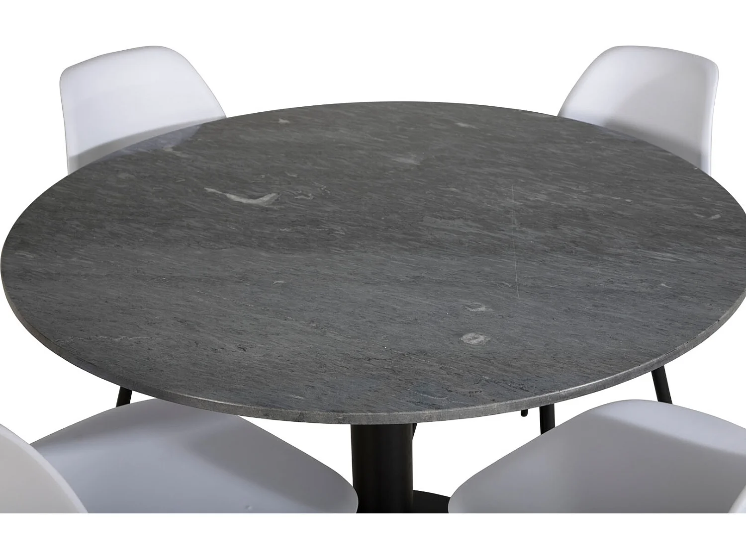 EstelleØ106BLBL ensemble table, table noir, marbre et 4 Polar chaises blanc.