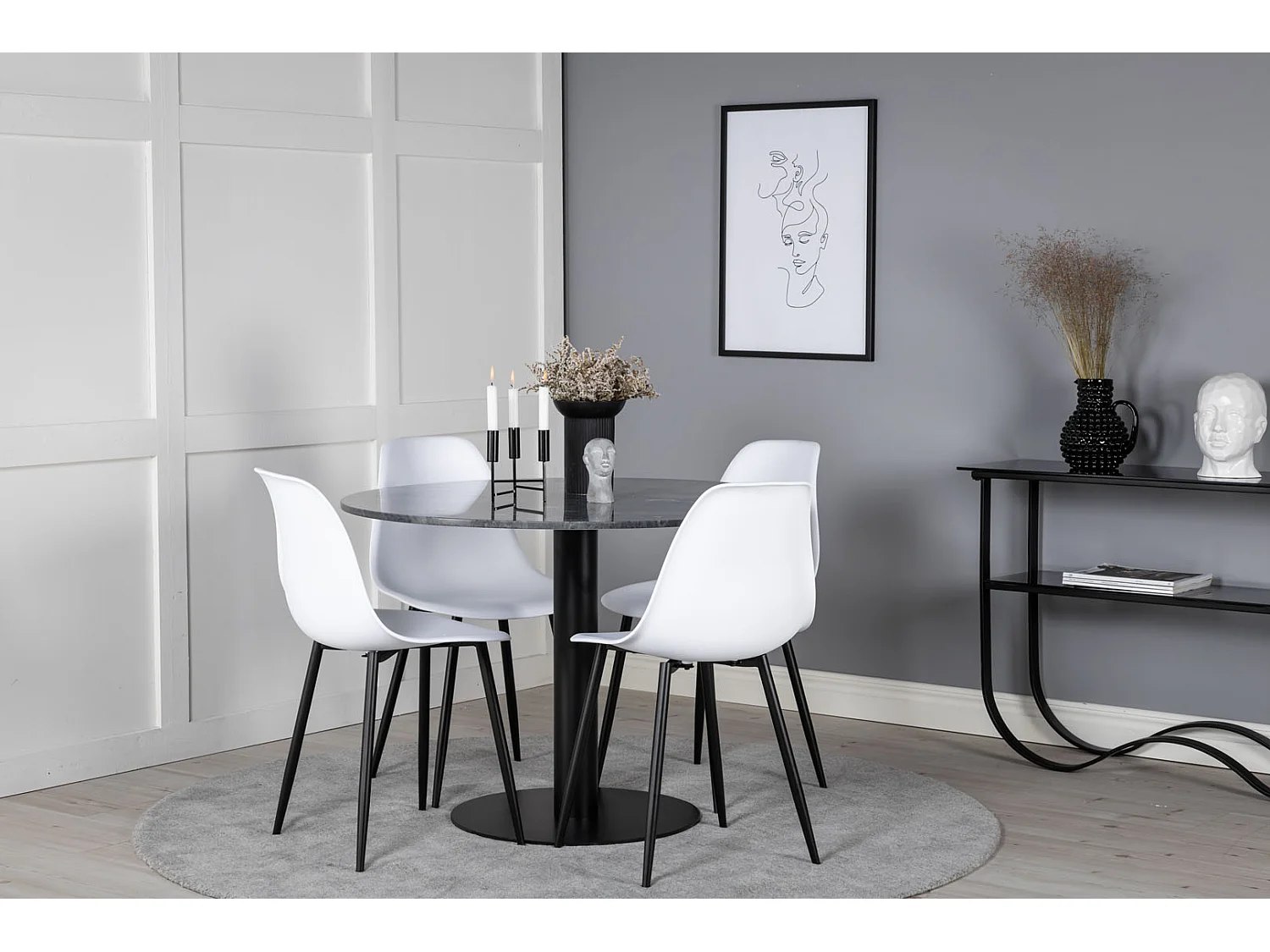 EstelleØ106BLBL ensemble table, table noir, marbre et 4 Polar chaises blanc.