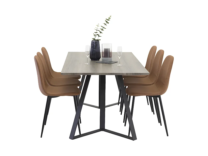 MarinaGRBL ensemble table, table El bois décor gris et 6 Polar chaises Similicuir PU marron.