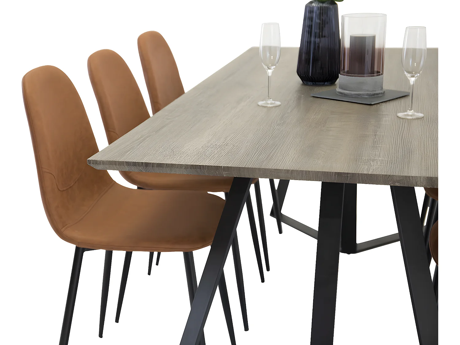 MarinaGRBL Essgruppe Esstisch El Holz dekor grau und 6 Polar Esszimmerstühle PU Kunstleder braun.