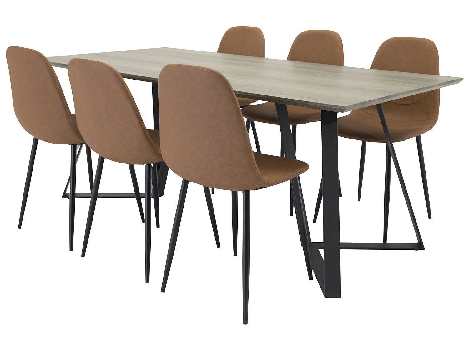 MarinaGRBL Essgruppe Esstisch El Holz dekor grau und 6 Polar Esszimmerstühle PU Kunstleder braun.