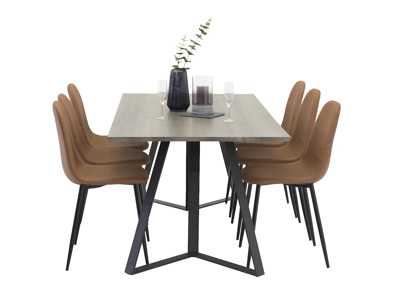 MarinaGRBL ensemble table, table El bois décor gris et 6 Polar chaises Similicuir PU marron.