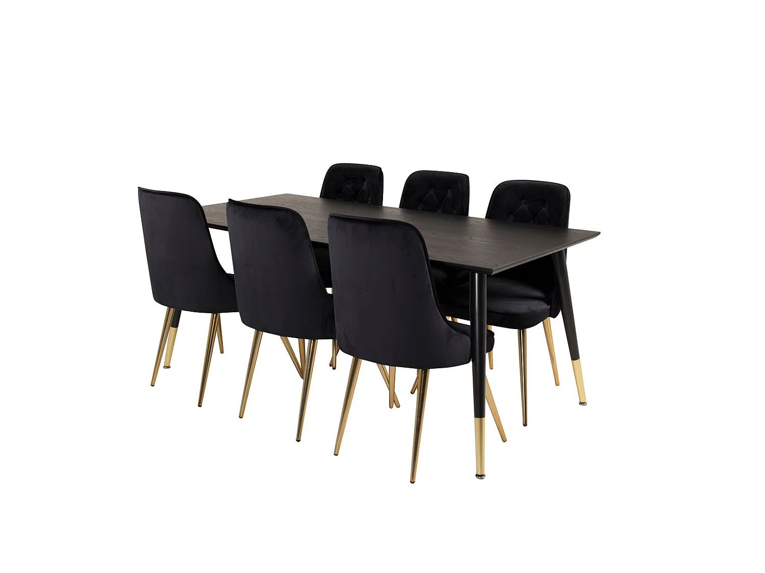 Dipp180x90BLBR eethoek eetkamertafel zwart en 6 Velvet Deluxe eetkamerstal velours zwart, messing decor.