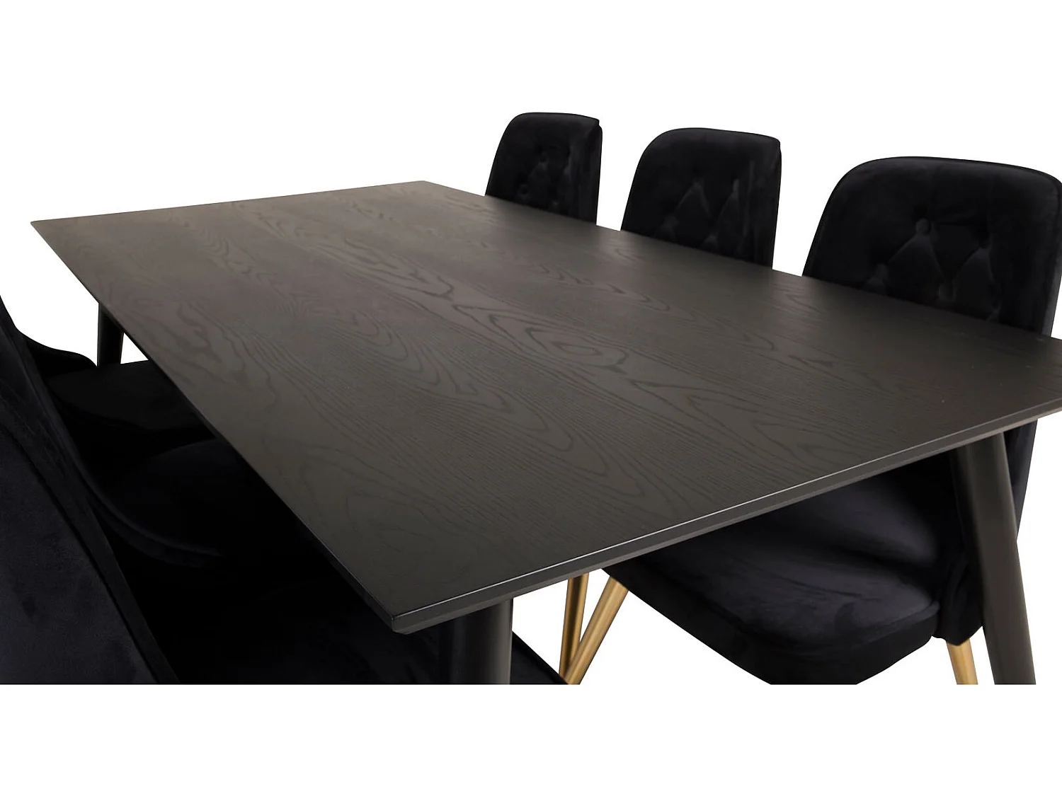 Dipp180x90BLBR eethoek eetkamertafel zwart en 6 Velvet Deluxe eetkamerstal velours zwart, messing decor.