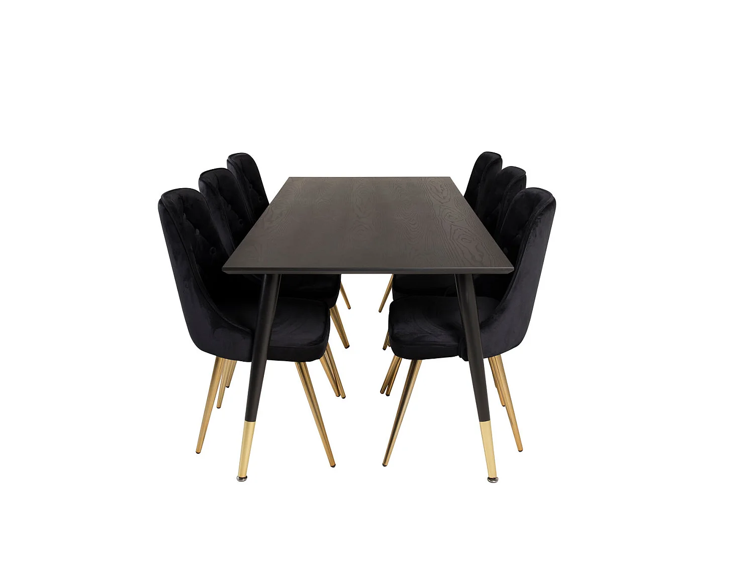 Dipp180x90BLBR ensemble table, table noir et 6 Velvet Deluxe chaises Velours noir, laiton décor.