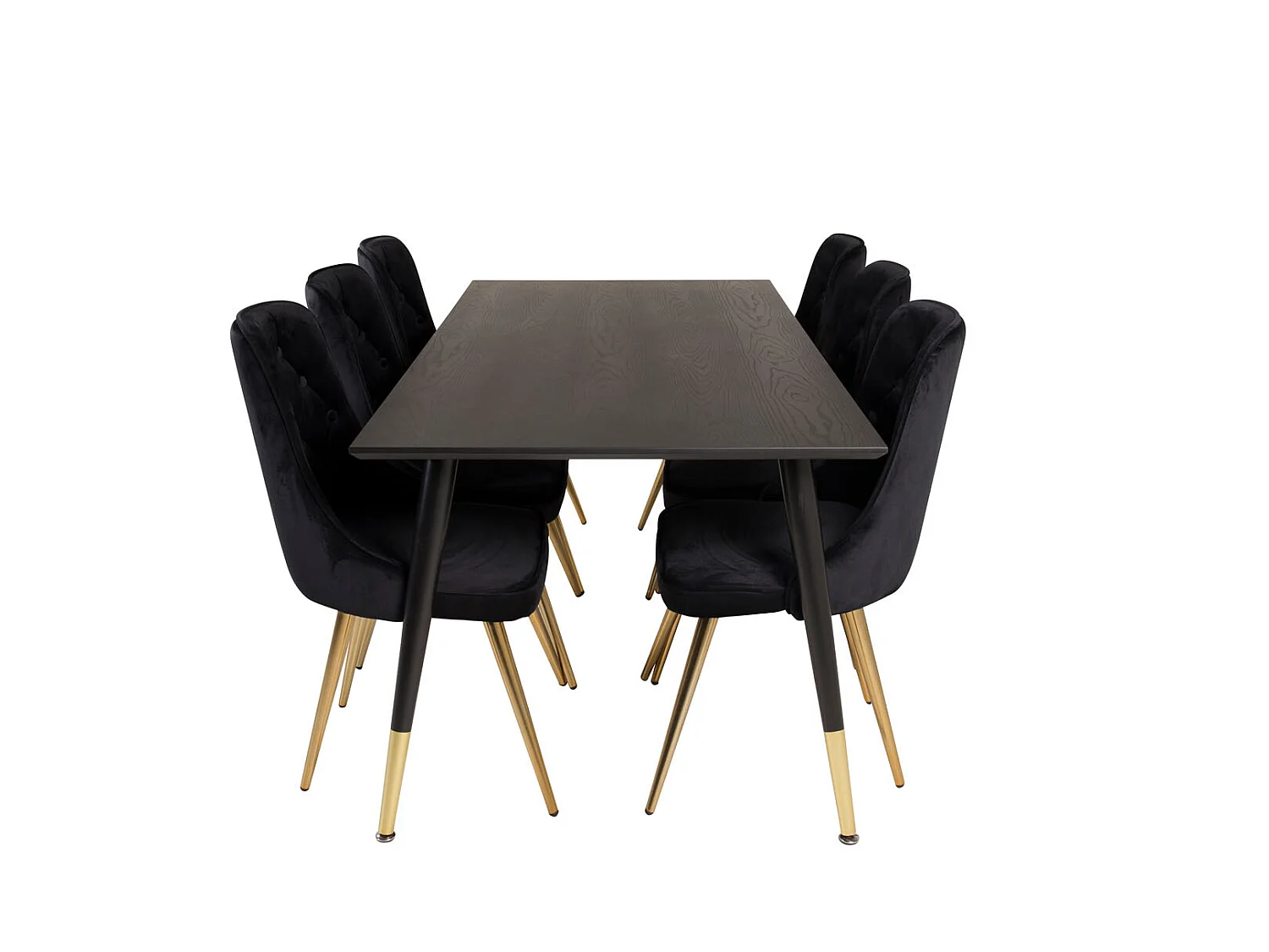 Dipp180x90BLBR Essgruppe Esstisch schwarz und 6 Velvet Deluxe Esszimmerstühle Velour schwarz, Messing dekor.