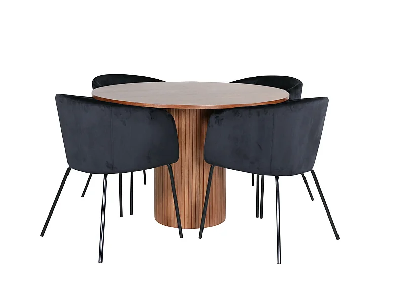 BiancaROWA ensemble table, table chêne plaqué et 4 Berit chaises Velours noir.