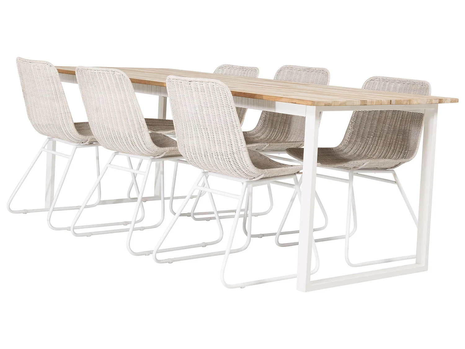 CirebonTeak ensemble table, table teck et 6 Cirebon chaises rougein whitewash.