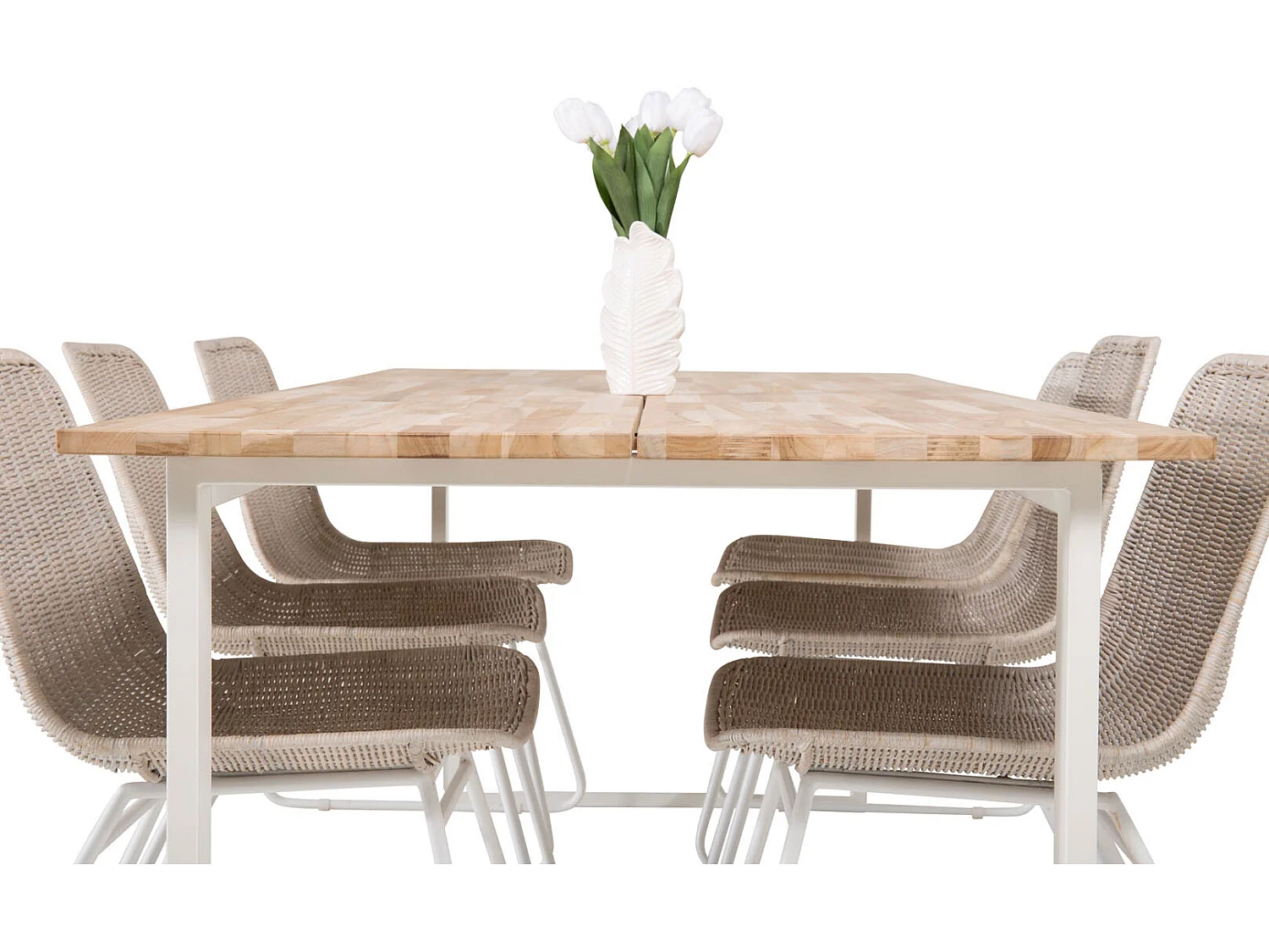 CirebonTeak ensemble table, table teck et 6 Cirebon chaises rougein whitewash.
