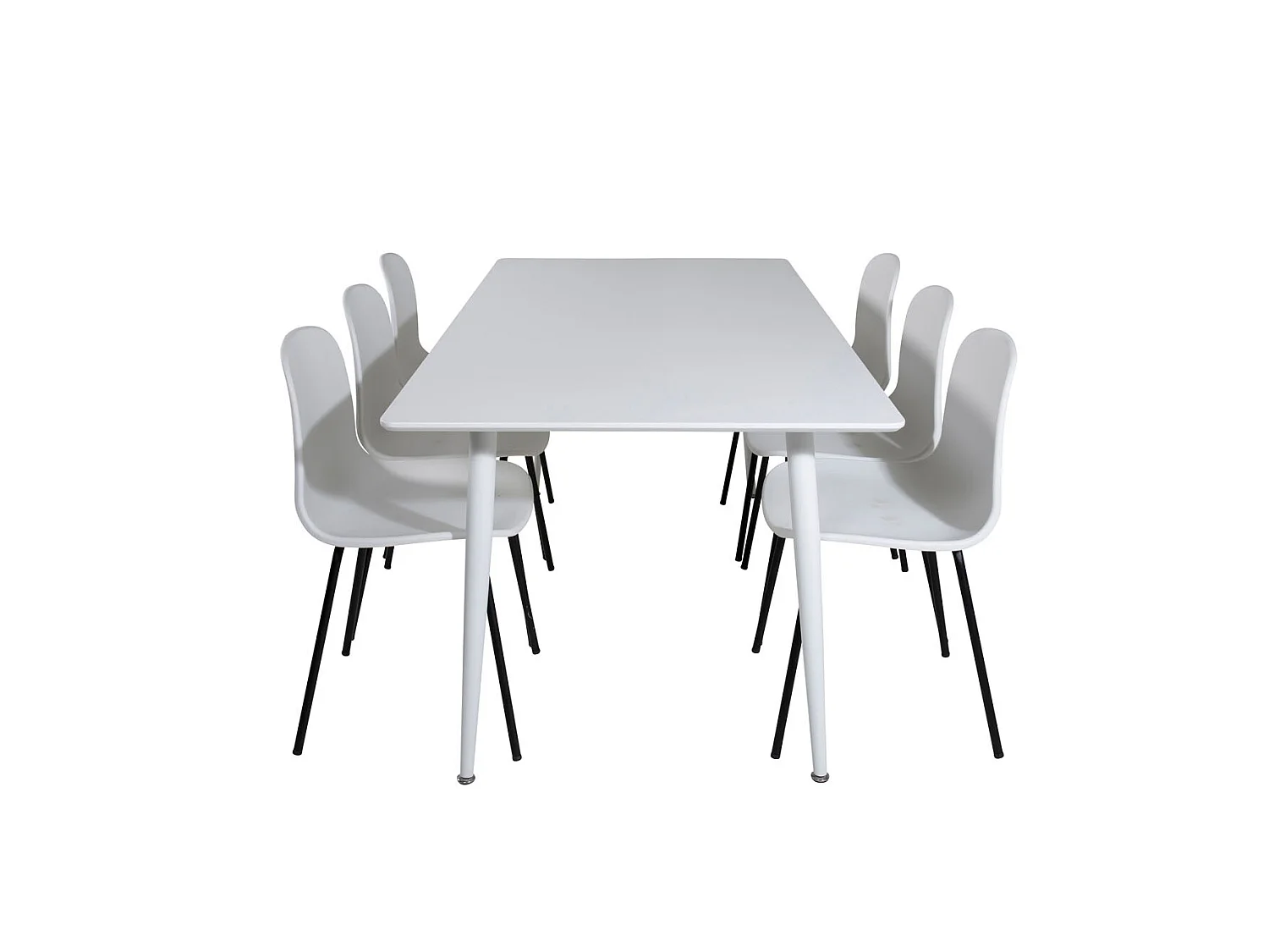 Polar180X90WHWH eethoek eetkamertafel wit en 6 Arctic eetkamerstal wit, zwart.
