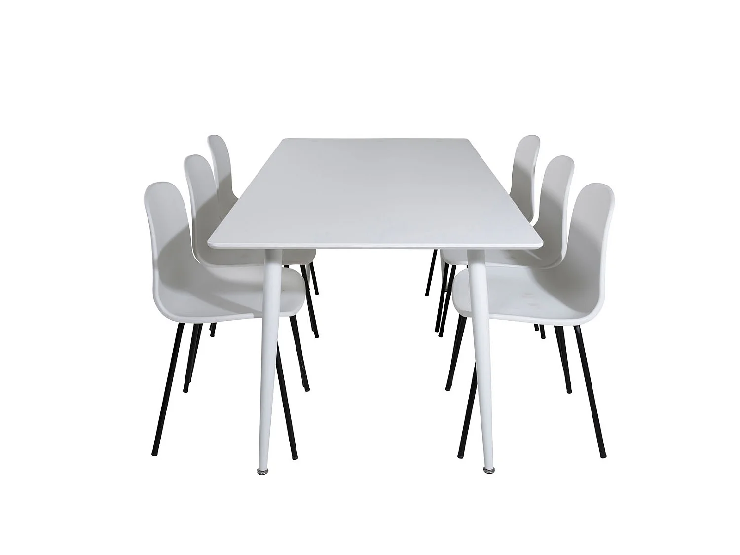 Polar180X90WHWH eethoek eetkamertafel wit en 6 Arctic eetkamerstal wit, zwart.