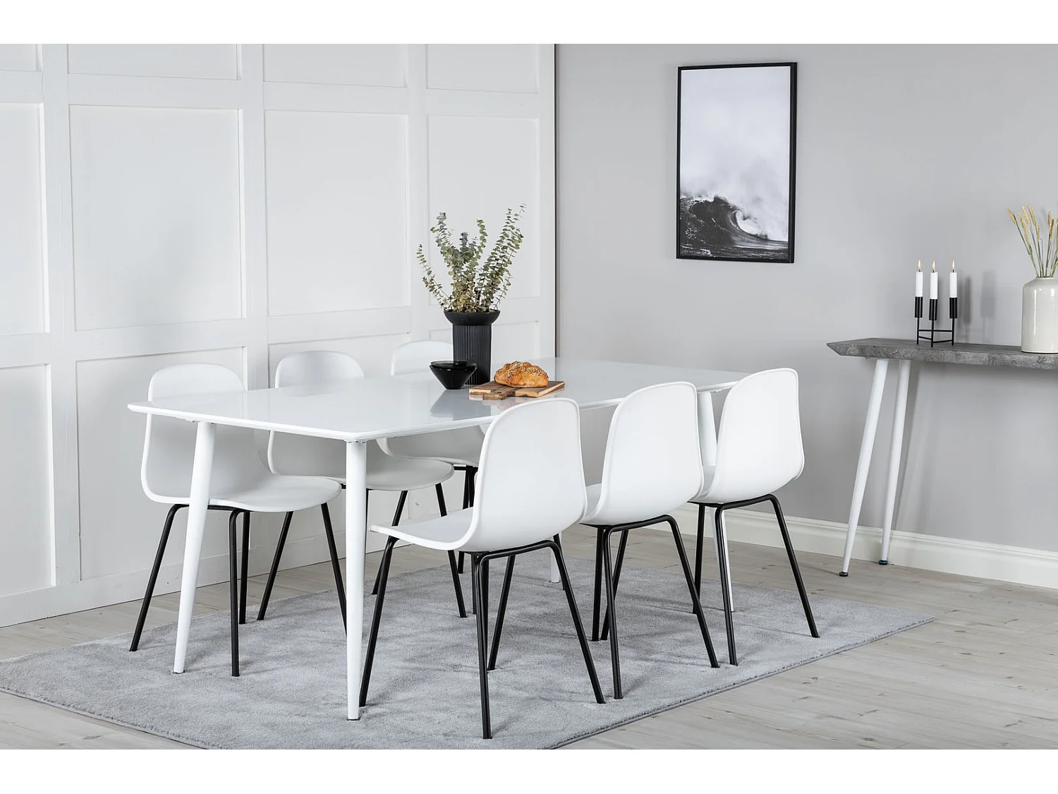 Polar180X90WHWH eethoek eetkamertafel wit en 6 Arctic eetkamerstal wit, zwart.