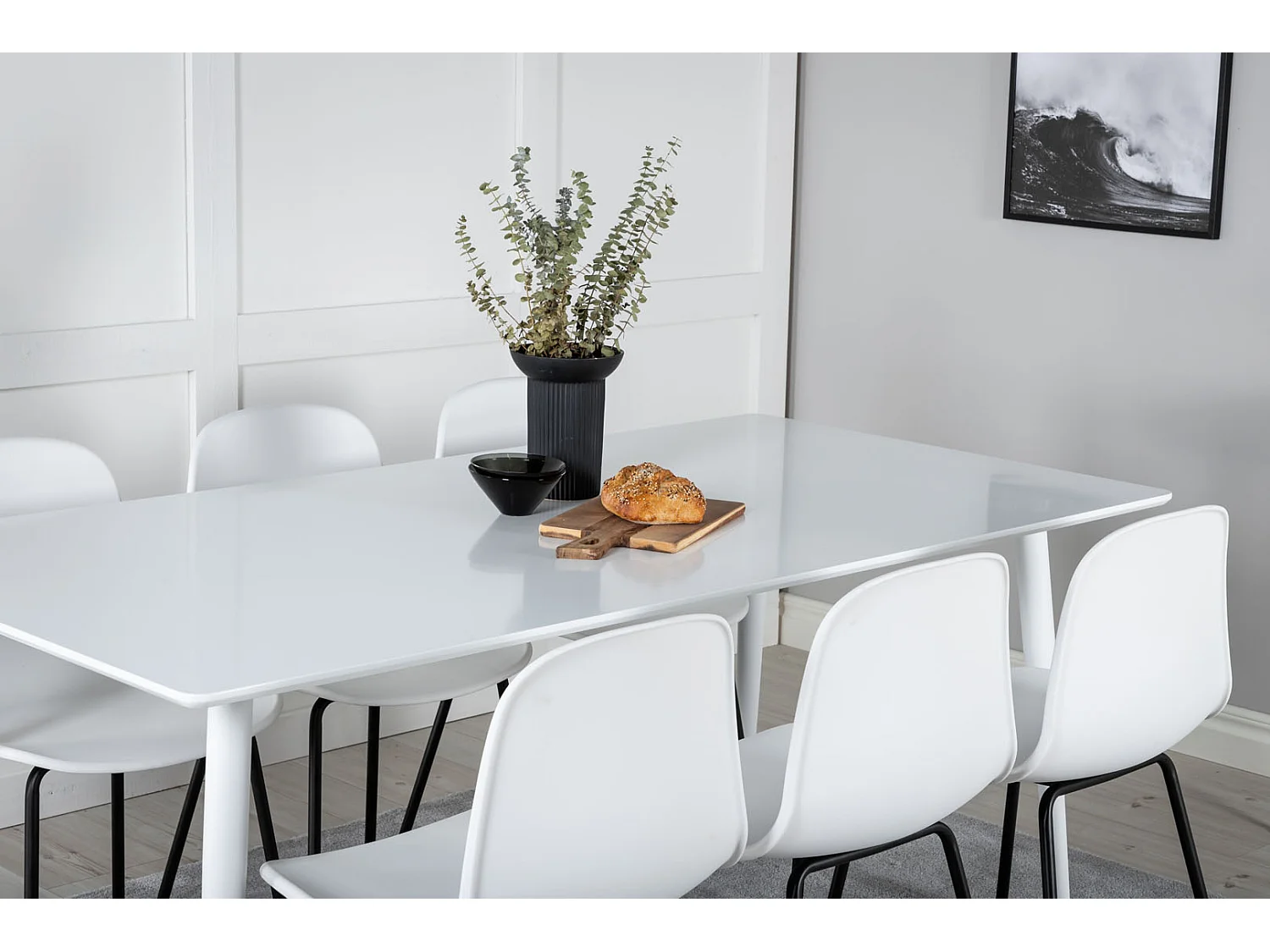 Polar180X90WHWH eethoek eetkamertafel wit en 6 Arctic eetkamerstal wit, zwart.