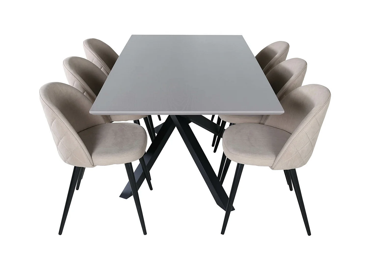 PiazzaGRBL ensemble table, table gris et 6 Velvet Stitches chaises beige.