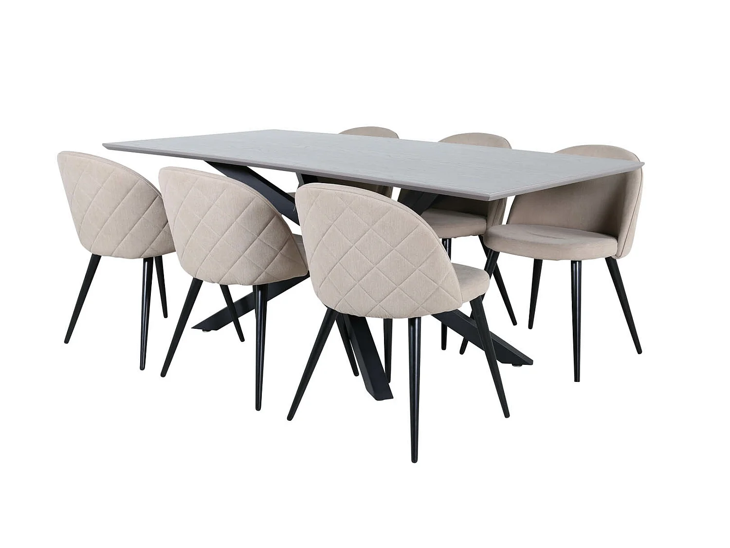 PiazzaGRBL ensemble table, table gris et 6 Velvet Stitches chaises beige.