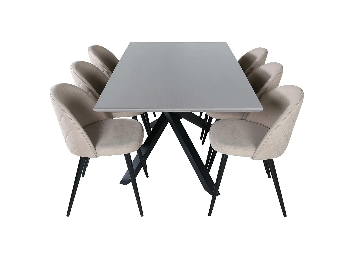 PiazzaGRBL ensemble table, table gris et 6 Velvet Stitches chaises beige.