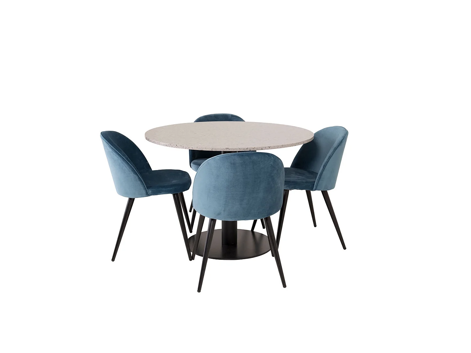 RazziaGR ensemble table, table terrazzo gris et 4 Velvet chaises Velours bleu, noir.