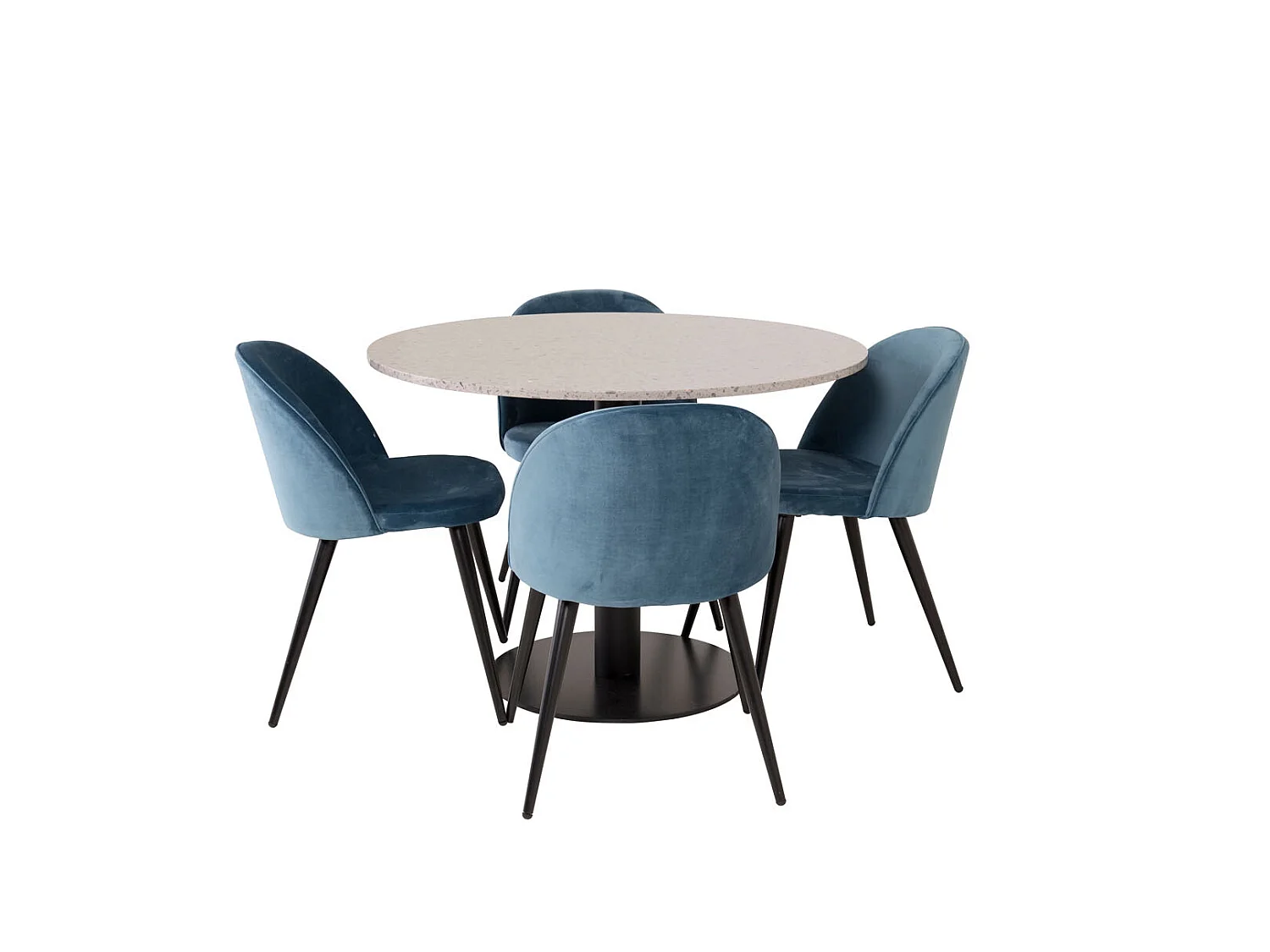 RazziaGR ensemble table, table terrazzo gris et 4 Velvet chaises Velours bleu, noir.