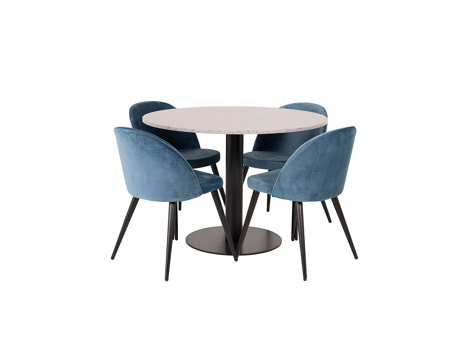 RazziaGR ensemble table, table terrazzo gris et 4 Velvet chaises Velours bleu, noir.