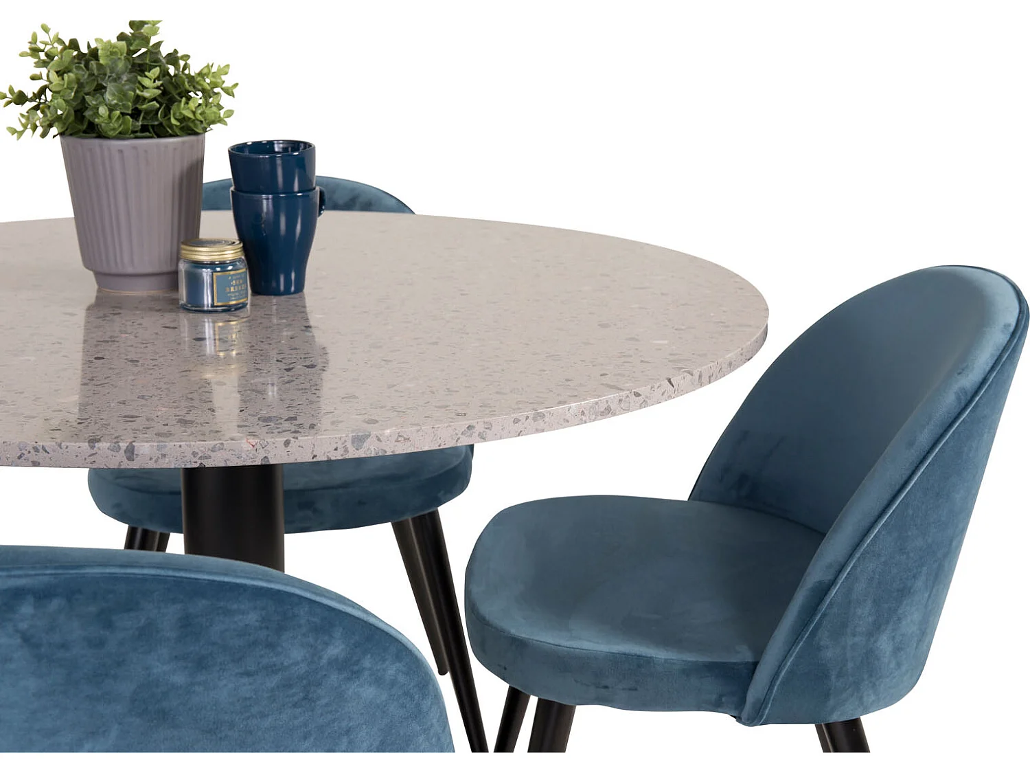 RazziaGR ensemble table, table terrazzo gris et 4 Velvet chaises Velours bleu, noir.