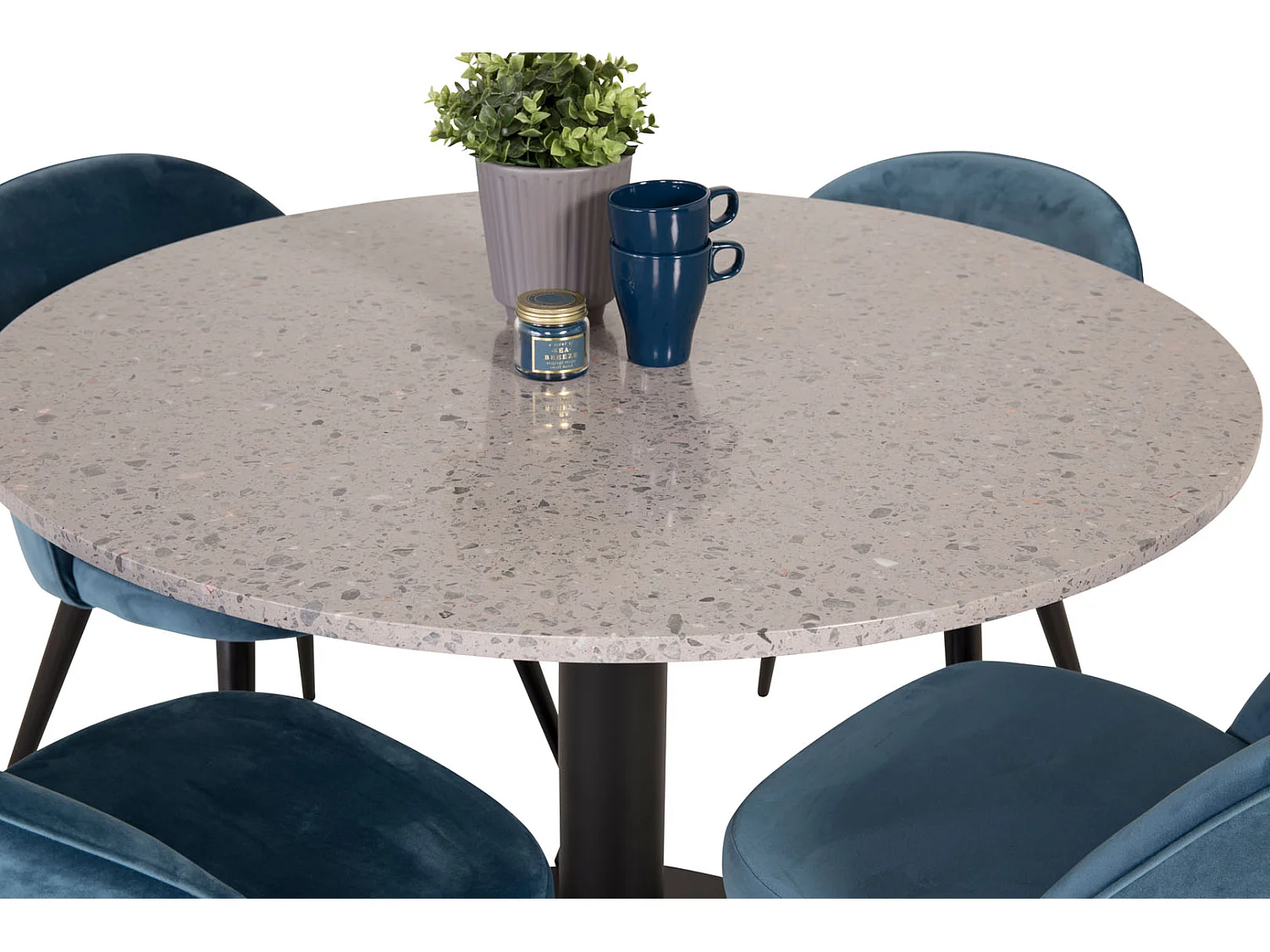RazziaGR ensemble table, table terrazzo gris et 4 Velvet chaises Velours bleu, noir.