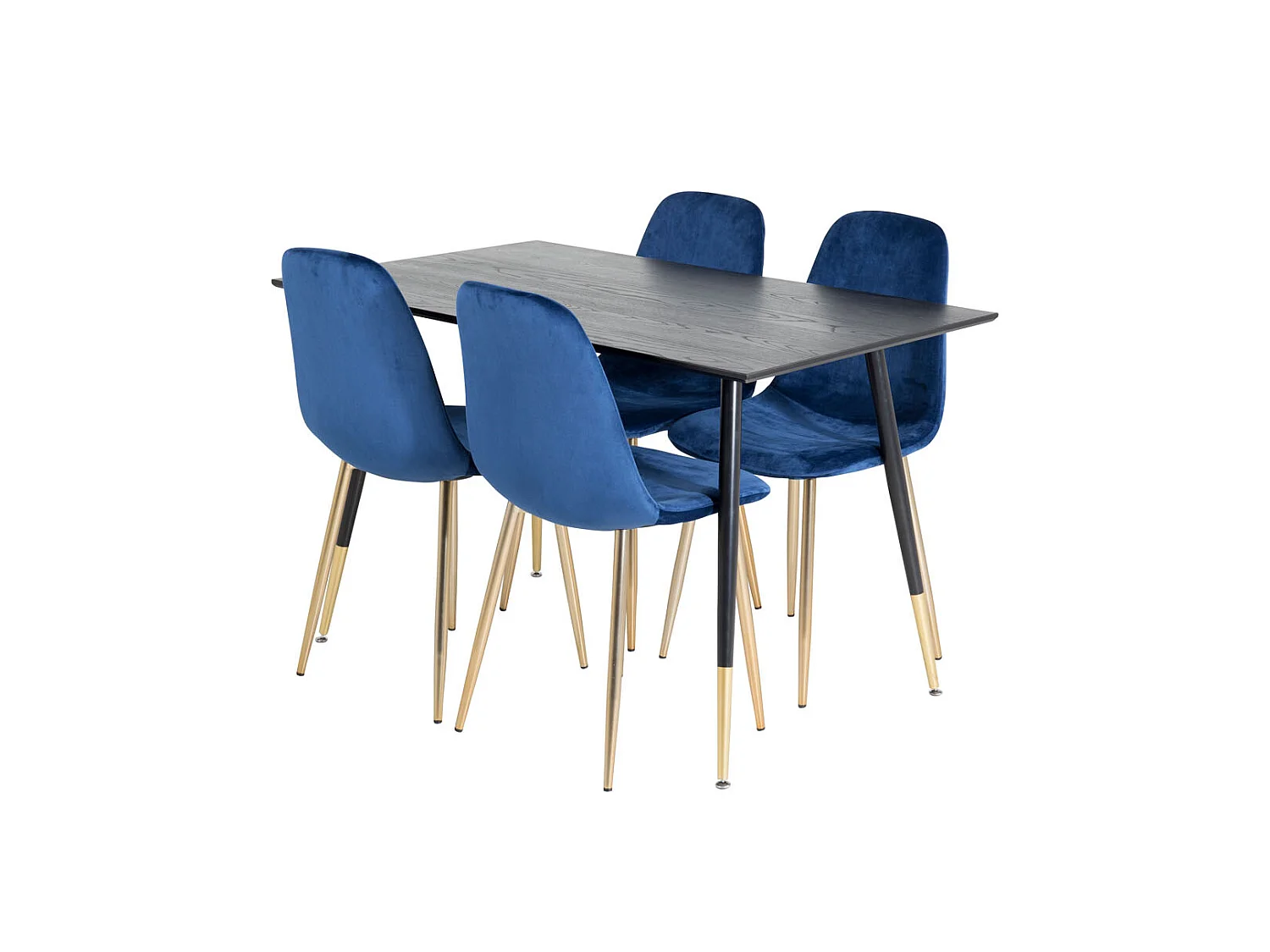 Dipp120x85BLBR ensemble table, table noir et 4 Polar chaises Velours bleu, laiton décor.